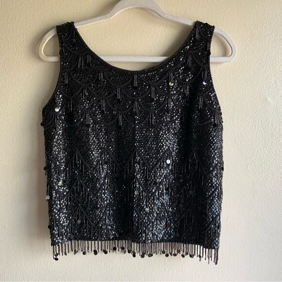 Vintage 1960s Black Beaded Sequin Fringe Blouse Size Small - Picture 6 of 15